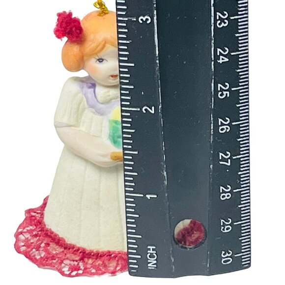 Porcelain Christmas Ornament Girl Holding Candle Bell Jasco Vintage - Picture 7 of 10